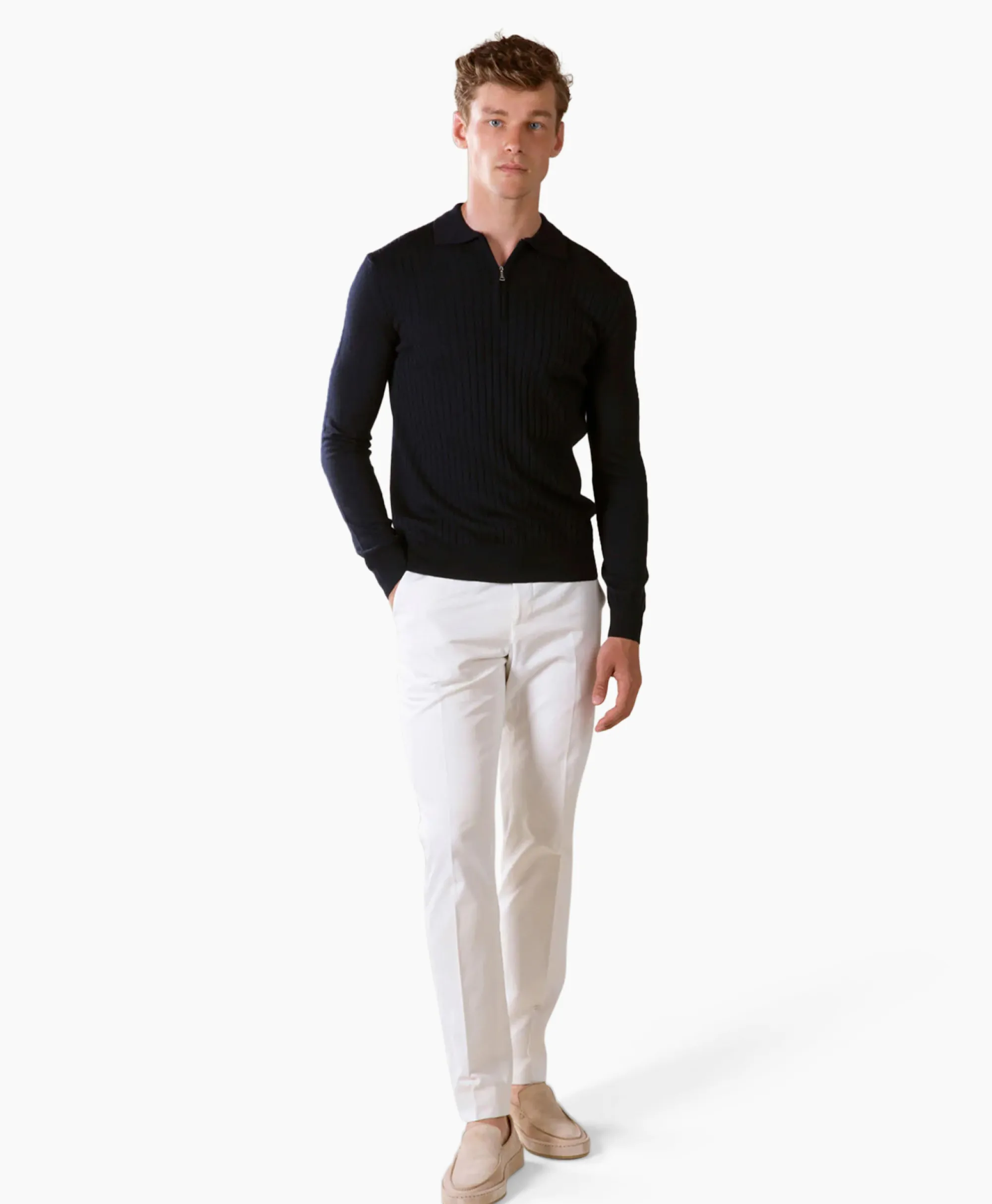 Aurelien Pullover Rib Zip Polos Ls Donker Blauw*Heren Truien