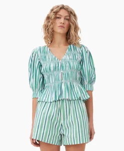 Ganni Blouse Stripe Cotton V-Neck Fitted Groen*Dames Blouses