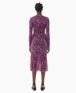 Ganni Midi Jurk Printed Mesh Long Sleeve Gathered Roze*Dames Jurken