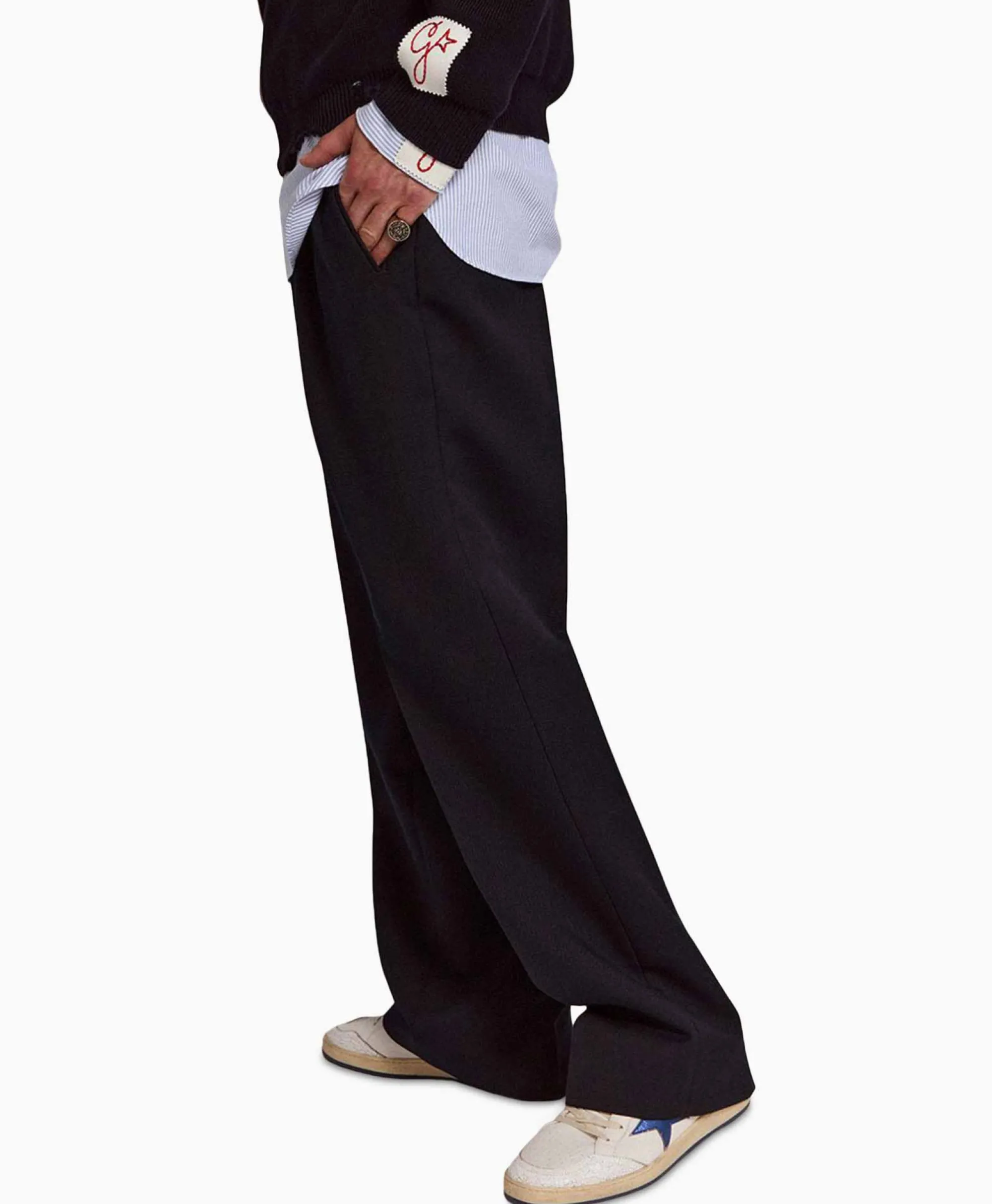 Golden Goose Broek Golden M Wide Legs Compact Gabardine Wool Donker Blauw*Heren Broeken